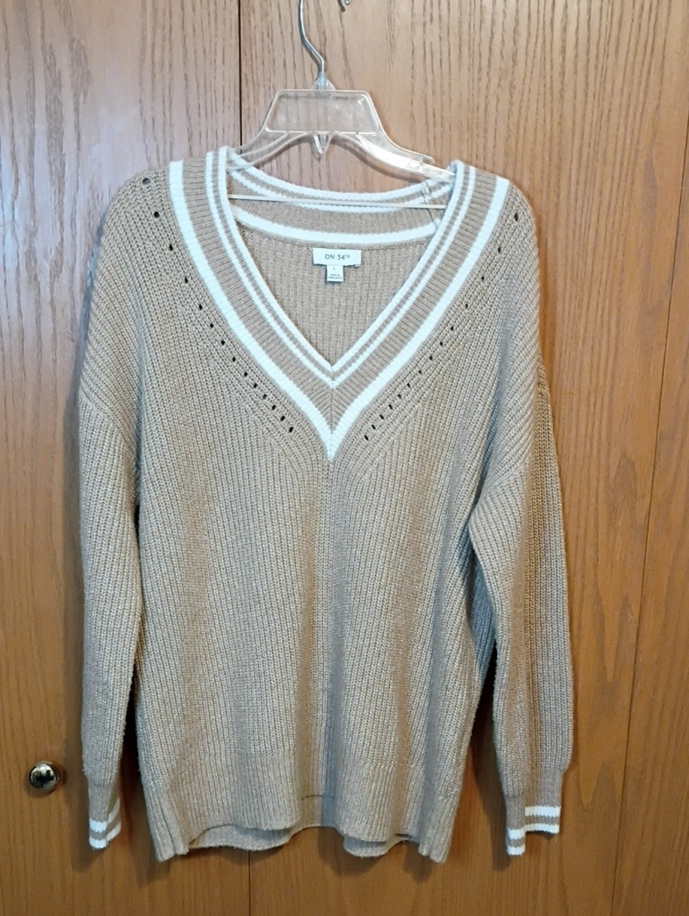 NWOT Tan V-Neck Stripe Ribbed Trim Sweater